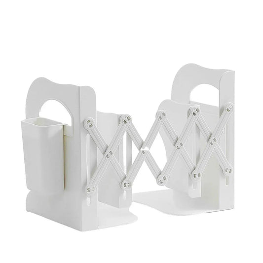 Adjustable Desktop Bookshelf Organizer With Pen Holder Folding Book Storage Rack - White