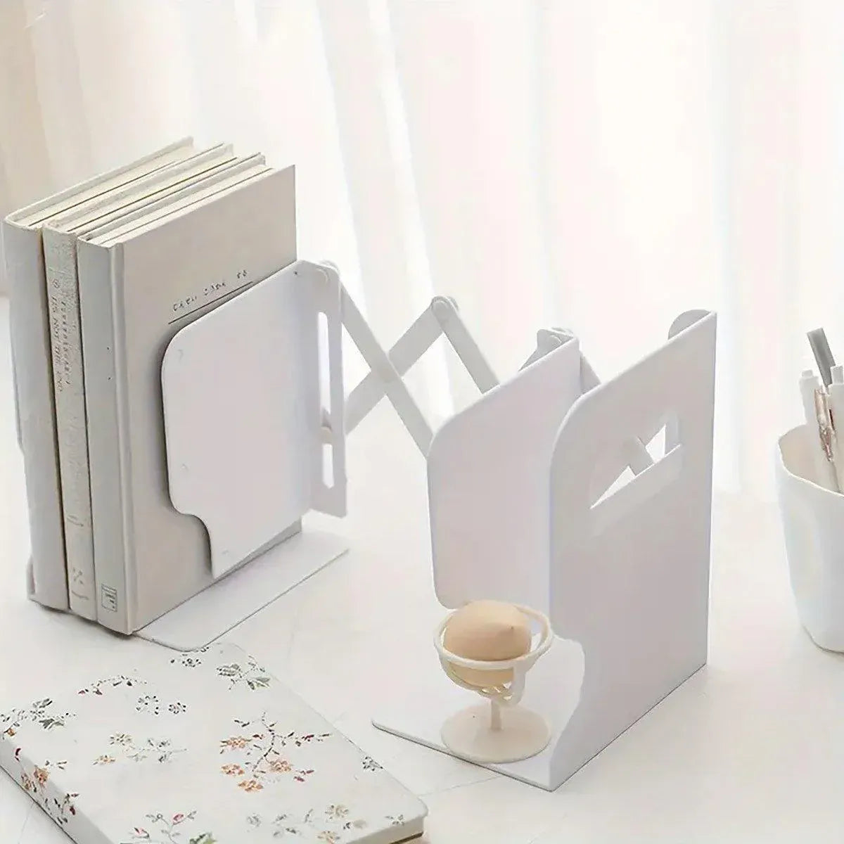 Adjustable Desktop Bookshelf Organizer With Pen Holder Folding Book Storage Rack - White
