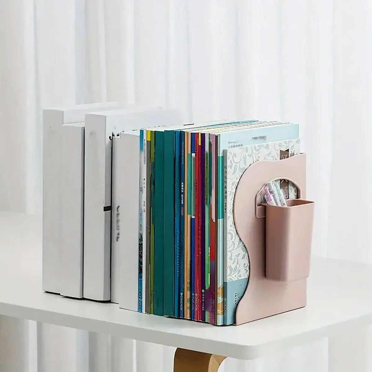 Adjustable Desktop Bookshelf Organizer With Pen Holder Folding Book Storage Rack - White