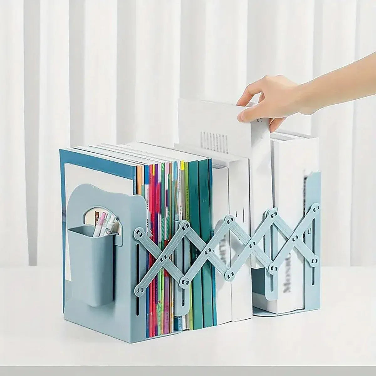 Adjustable Desktop Bookshelf Organizer With Pen Holder Folding Book Storage Rack - White