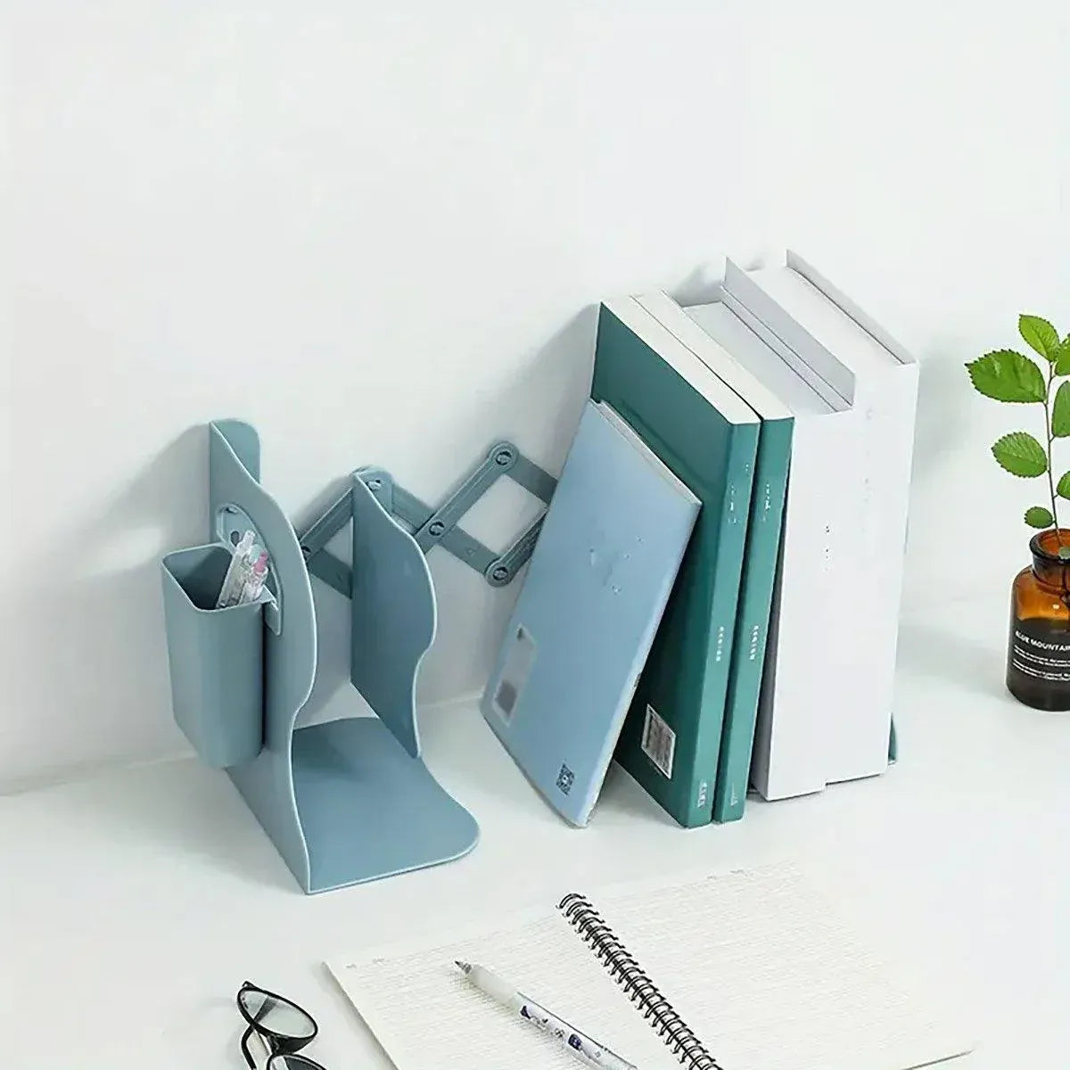 Adjustable Desktop Bookshelf Organizer With Pen Holder Folding Book Storage Rack - White