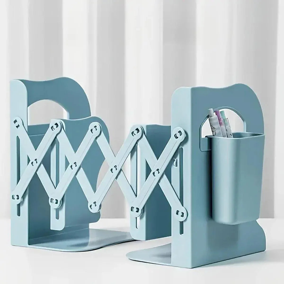 Adjustable Desktop Bookshelf Organizer With Pen Holder Folding Book Storage Rack - White