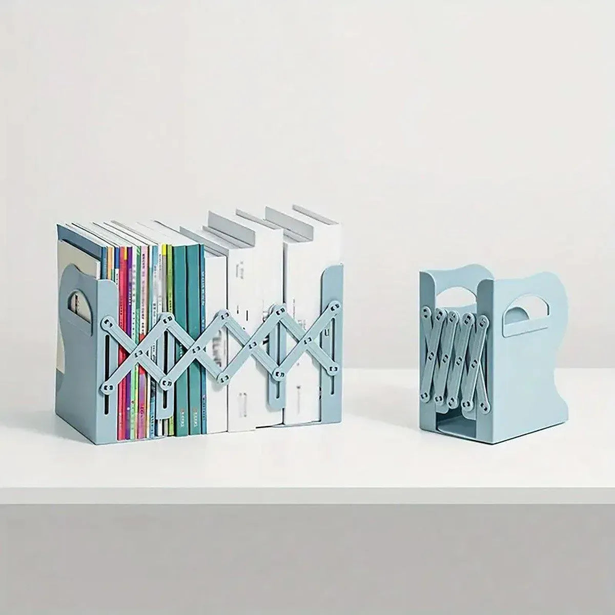 Adjustable Desktop Bookshelf Organizer With Pen Holder Folding Book Storage Rack - White