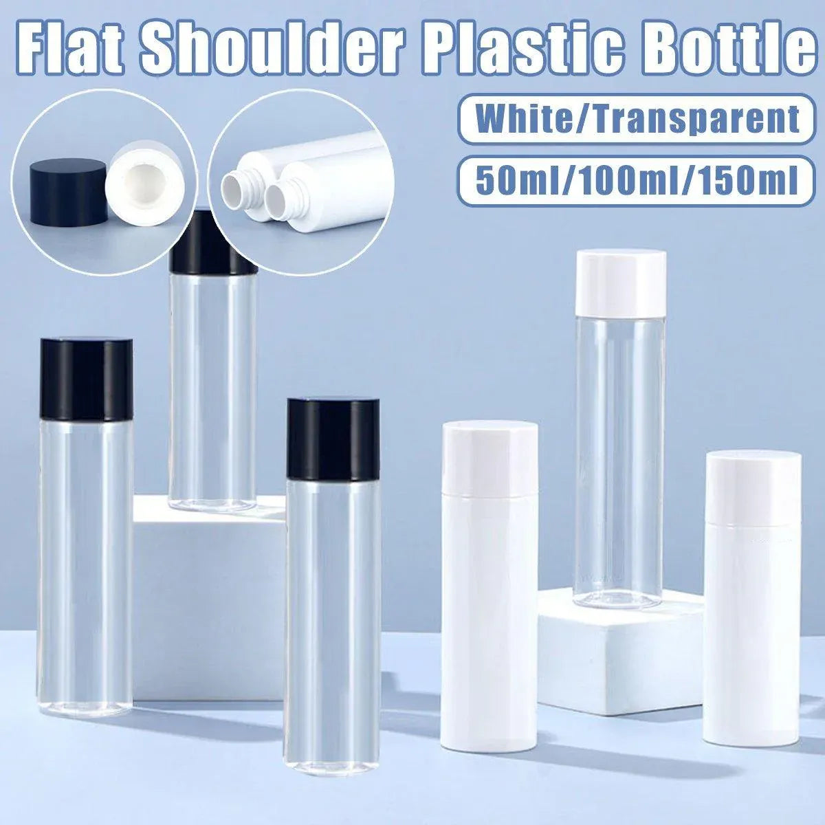 50/100/150ml Plastic Toner Lotion Bottles Refillable Travel Cosmetic Containers - Black Lid + White Bottle - 100ml