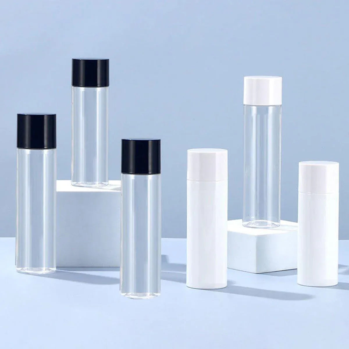50/100/150ml Plastic Toner Lotion Bottles Refillable Travel Cosmetic Containers - Black Lid + White Bottle - 100ml