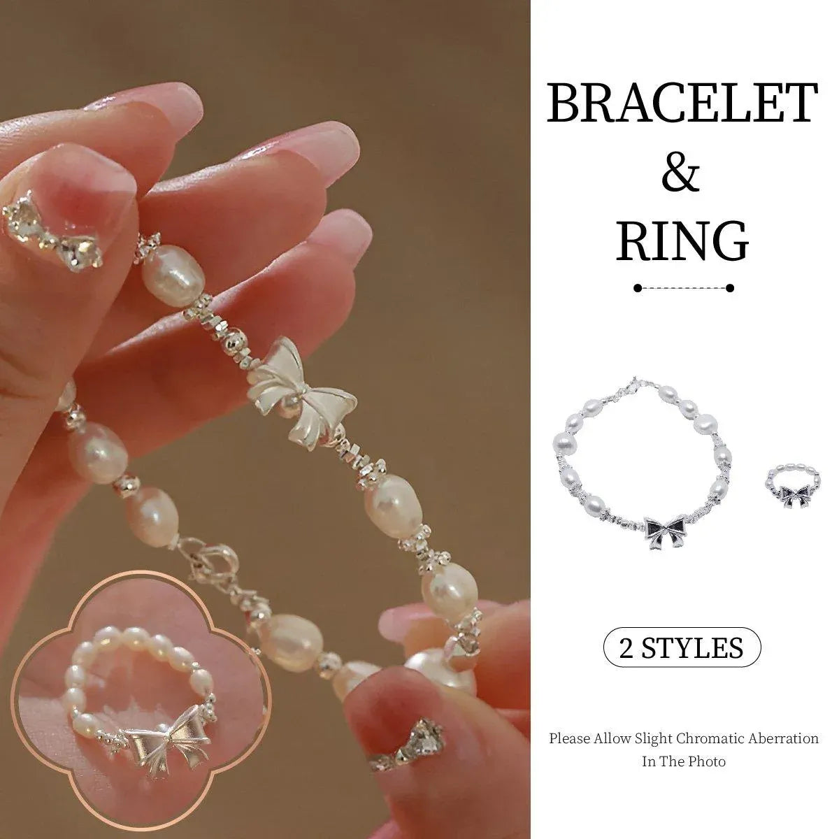 Pearl Ribbon Bracelet Ring Elegant Jewelry for Women Fashion Accessories Gift - Bracelet