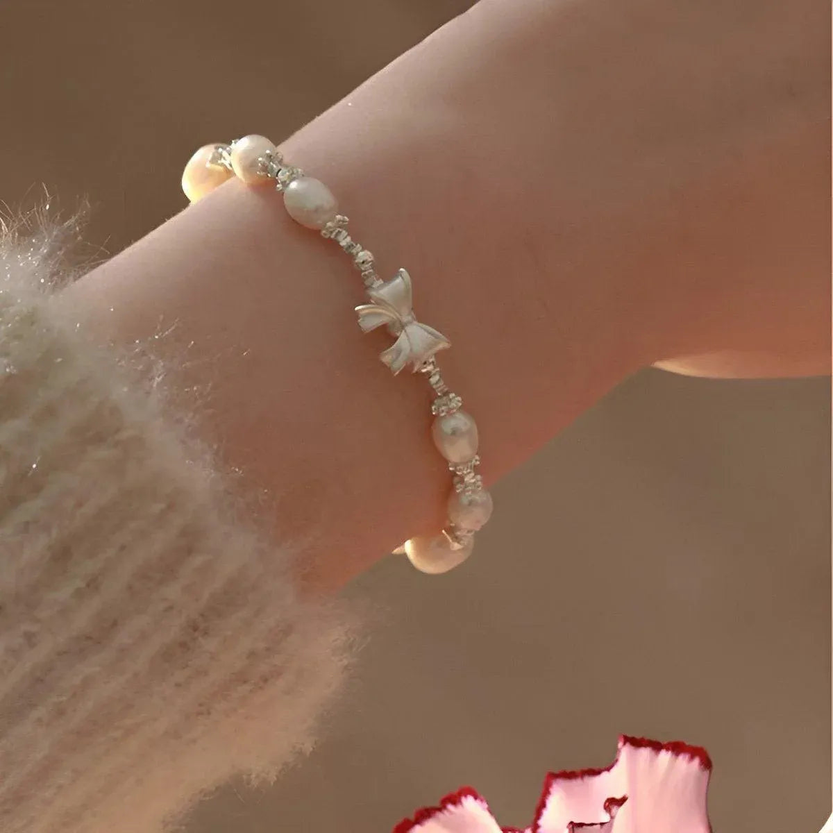 Pearl Ribbon Bracelet Ring Elegant Jewelry for Women Fashion Accessories Gift - Bracelet