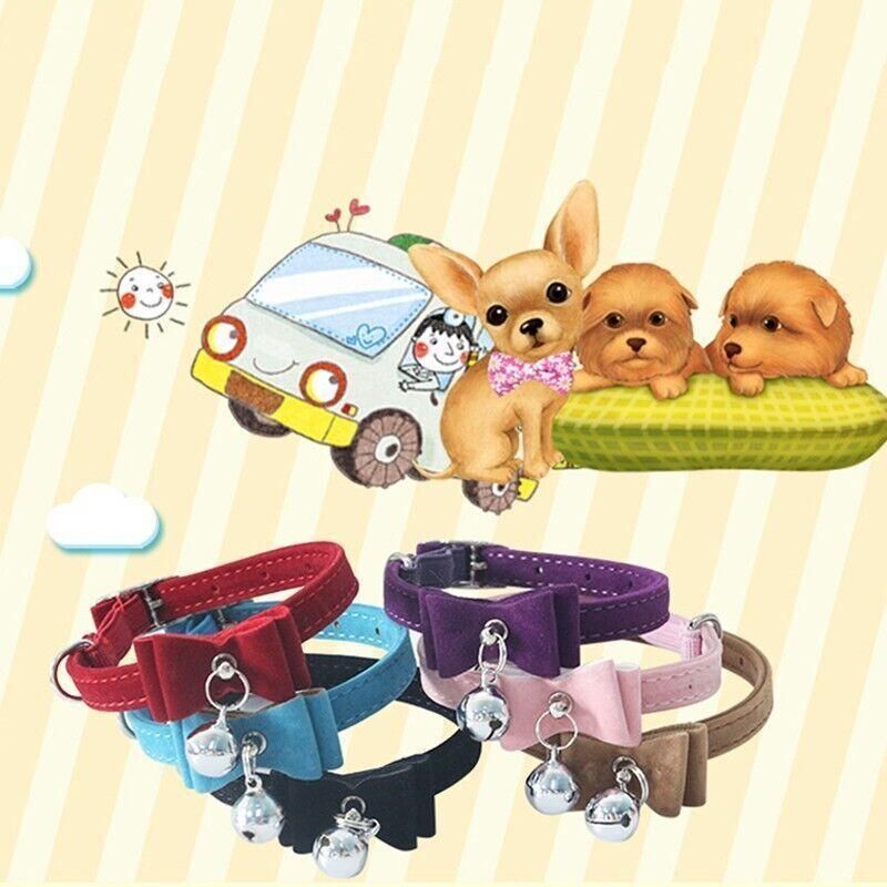 1× Adjustable Suede Cat Collar with Bow Bell Pink Blue Black Red - Brown
