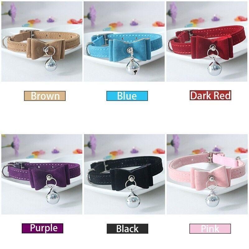 1× Adjustable Suede Cat Collar with Bow Bell Pink Blue Black Red - Brown