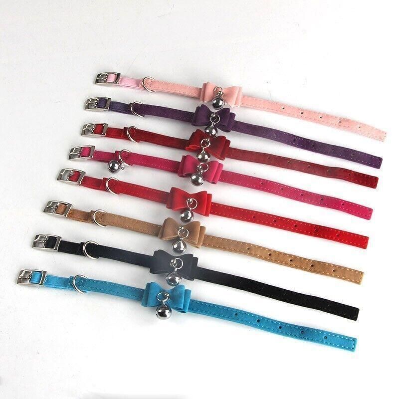 1× Adjustable Suede Cat Collar with Bow Bell Pink Blue Black Red - Red
