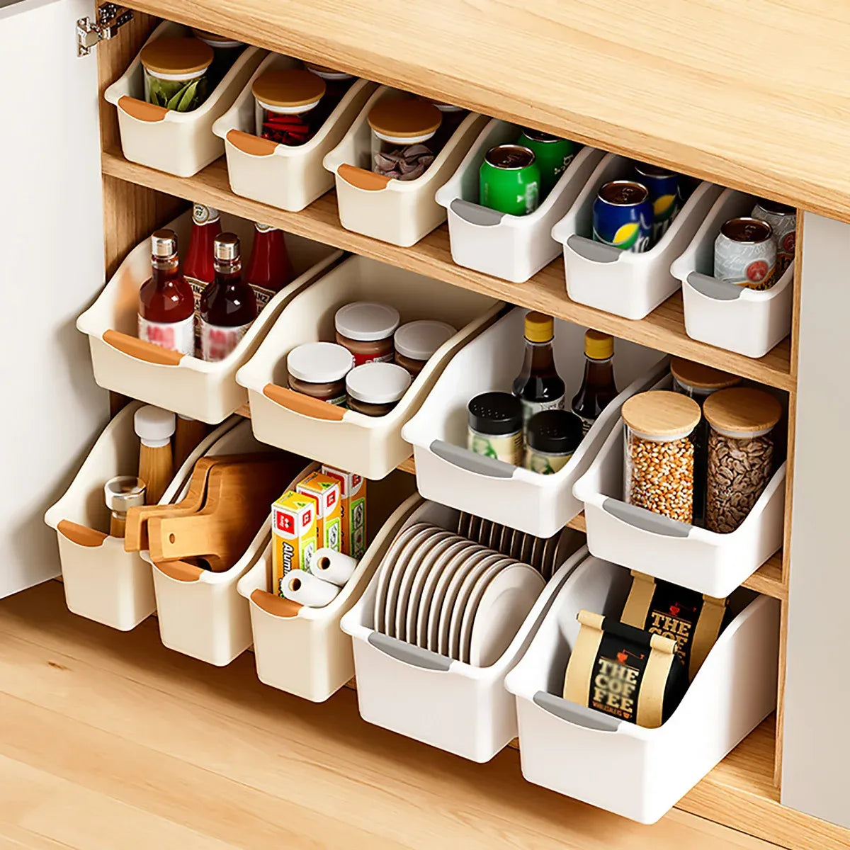 2pcs Cabinet Storage Box Miscellaneous Organizer Household Container Plastic Bin - L-Beige