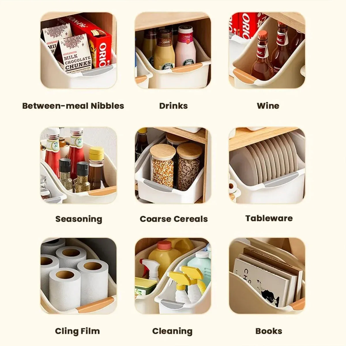 2pcs Cabinet Storage Box Miscellaneous Organizer Household Container Plastic Bin - L-Beige