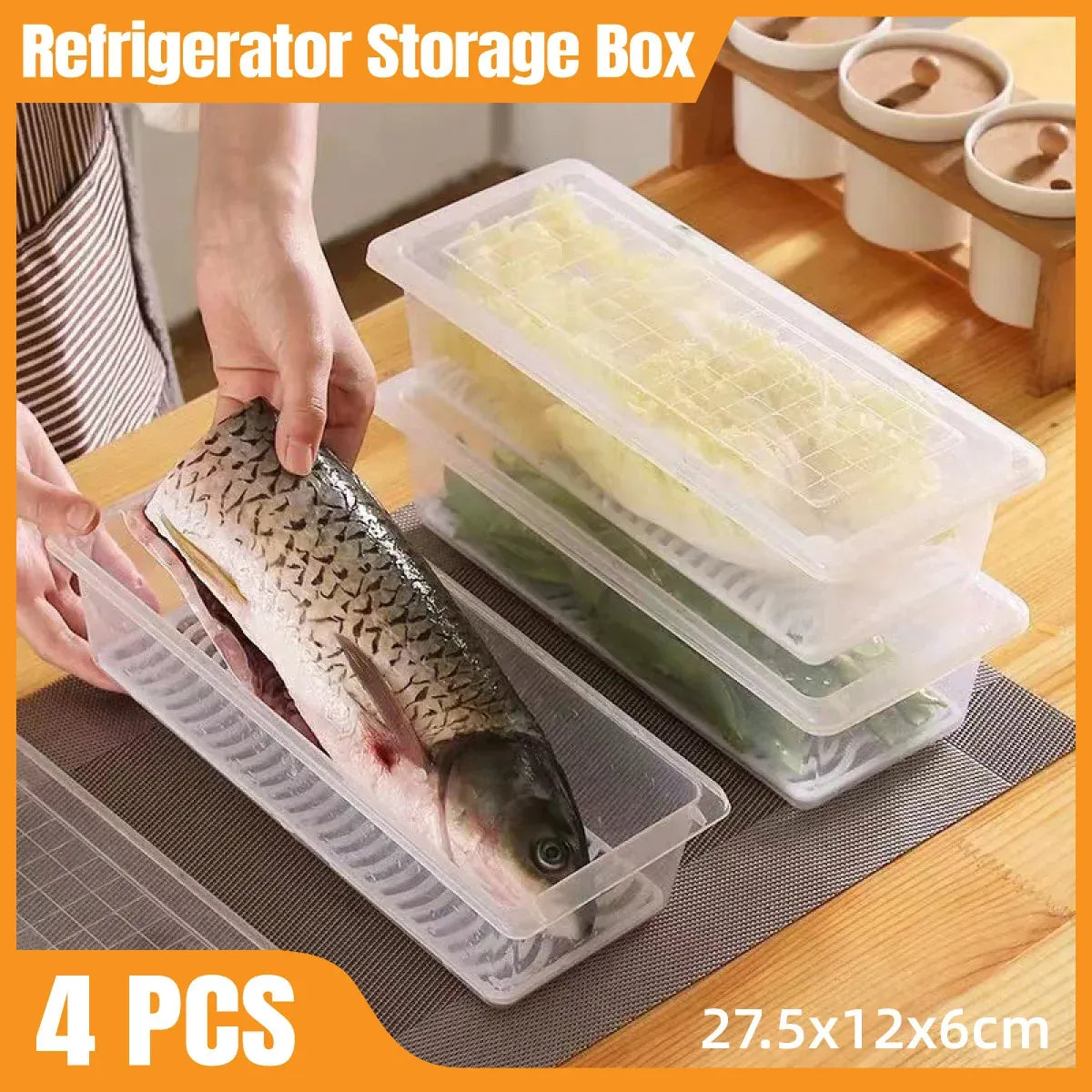 Fresh Keeping Box Set 4PCS Refrigerator Draining Sealed Fish Container Kitchen