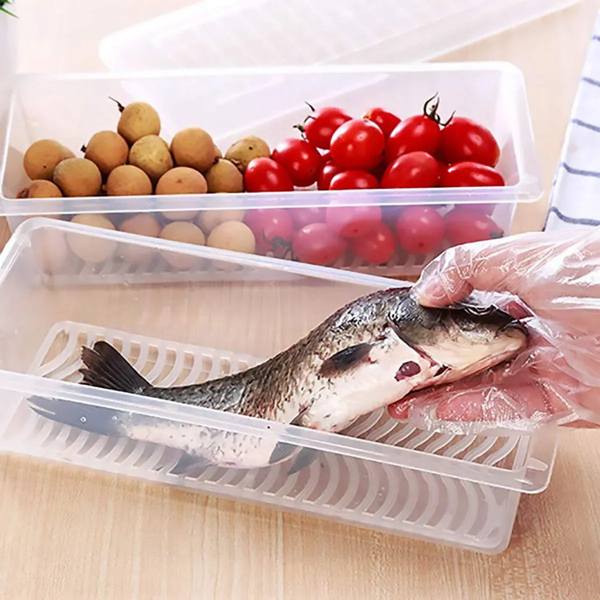 Fresh Keeping Box Set 4PCS Refrigerator Draining Sealed Fish Container Kitchen