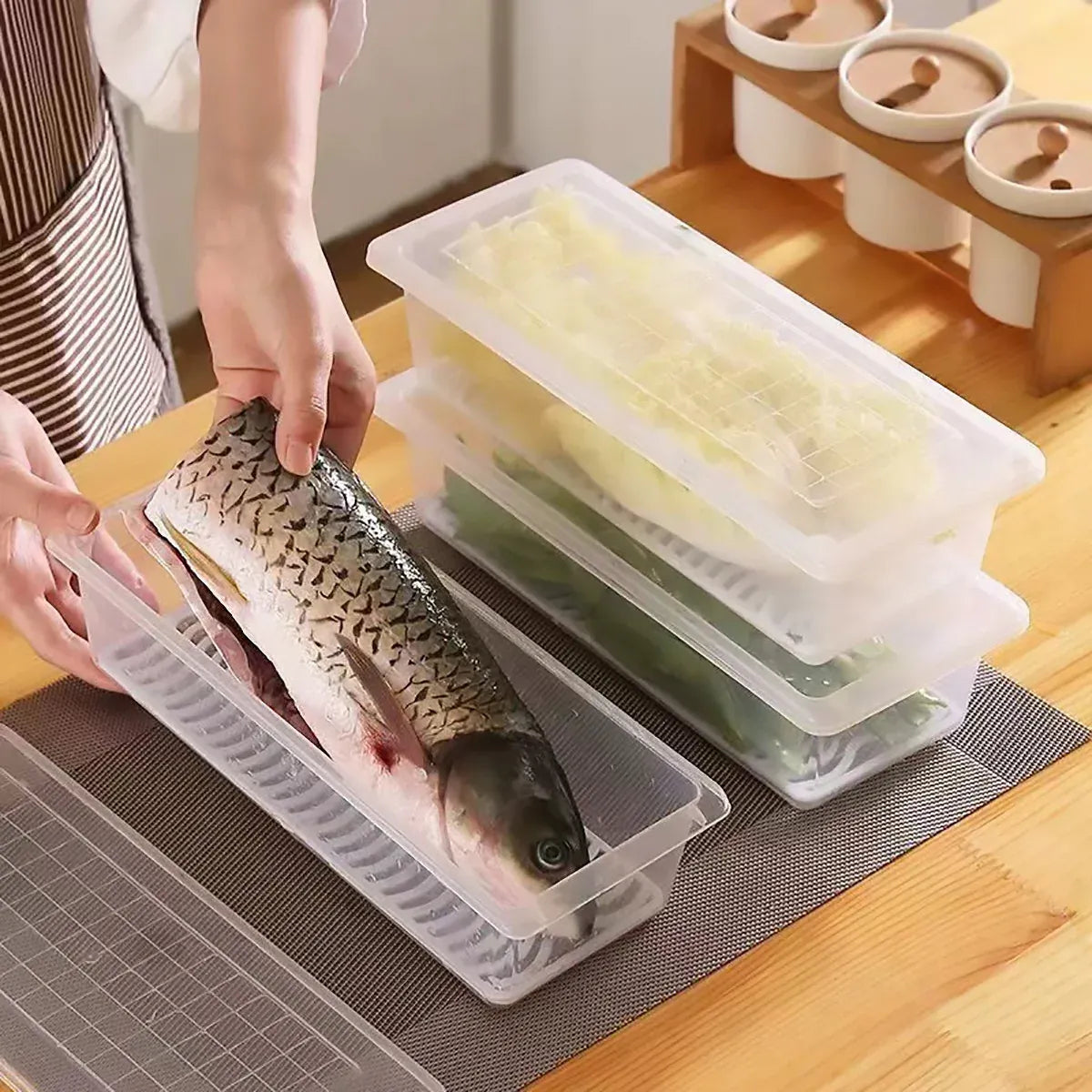 Fresh Keeping Box Set 4PCS Refrigerator Draining Sealed Fish Container Kitchen