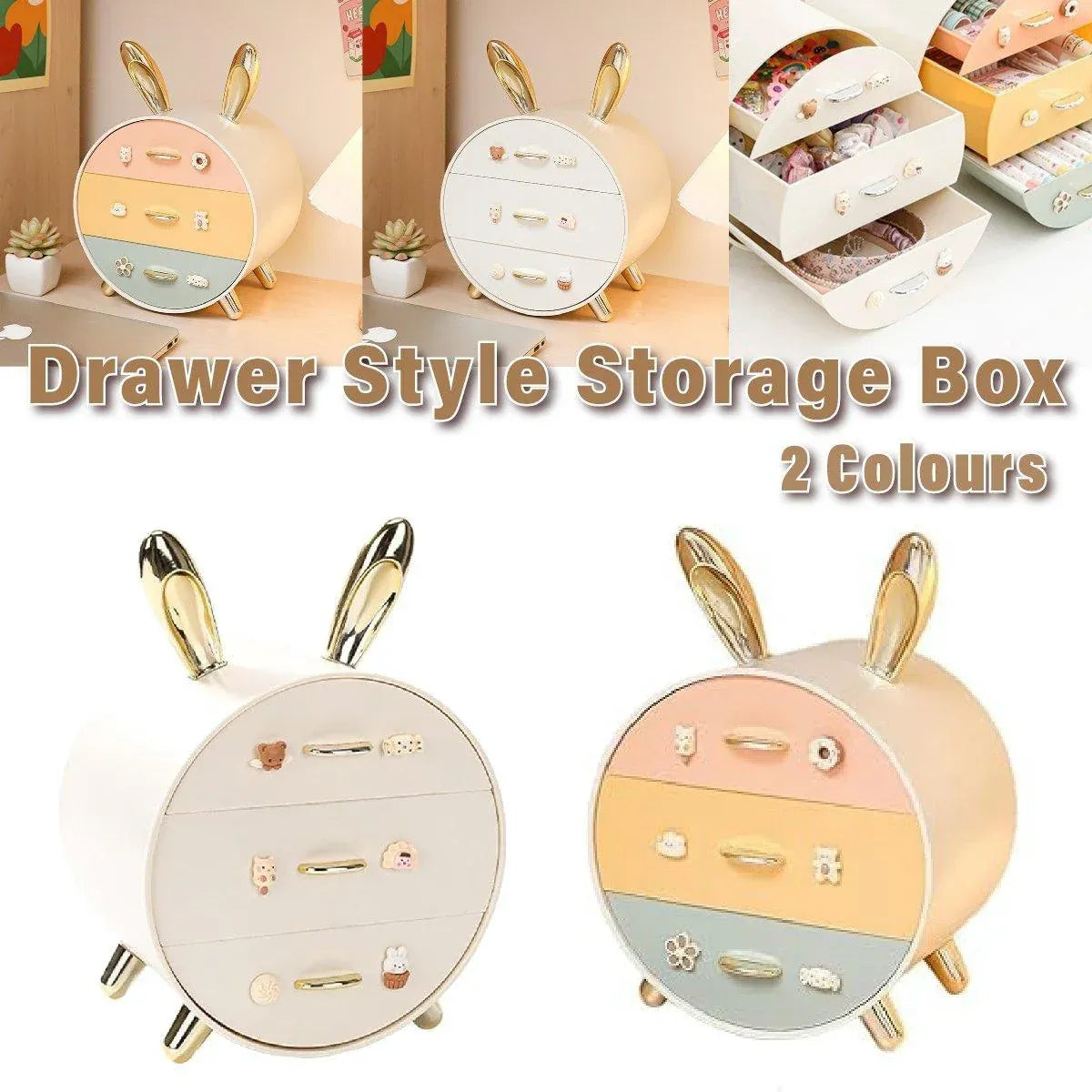 Large Multi-functional Makeup Storage Organizer Rabbit Decor Drawer Cosmetic Box - White