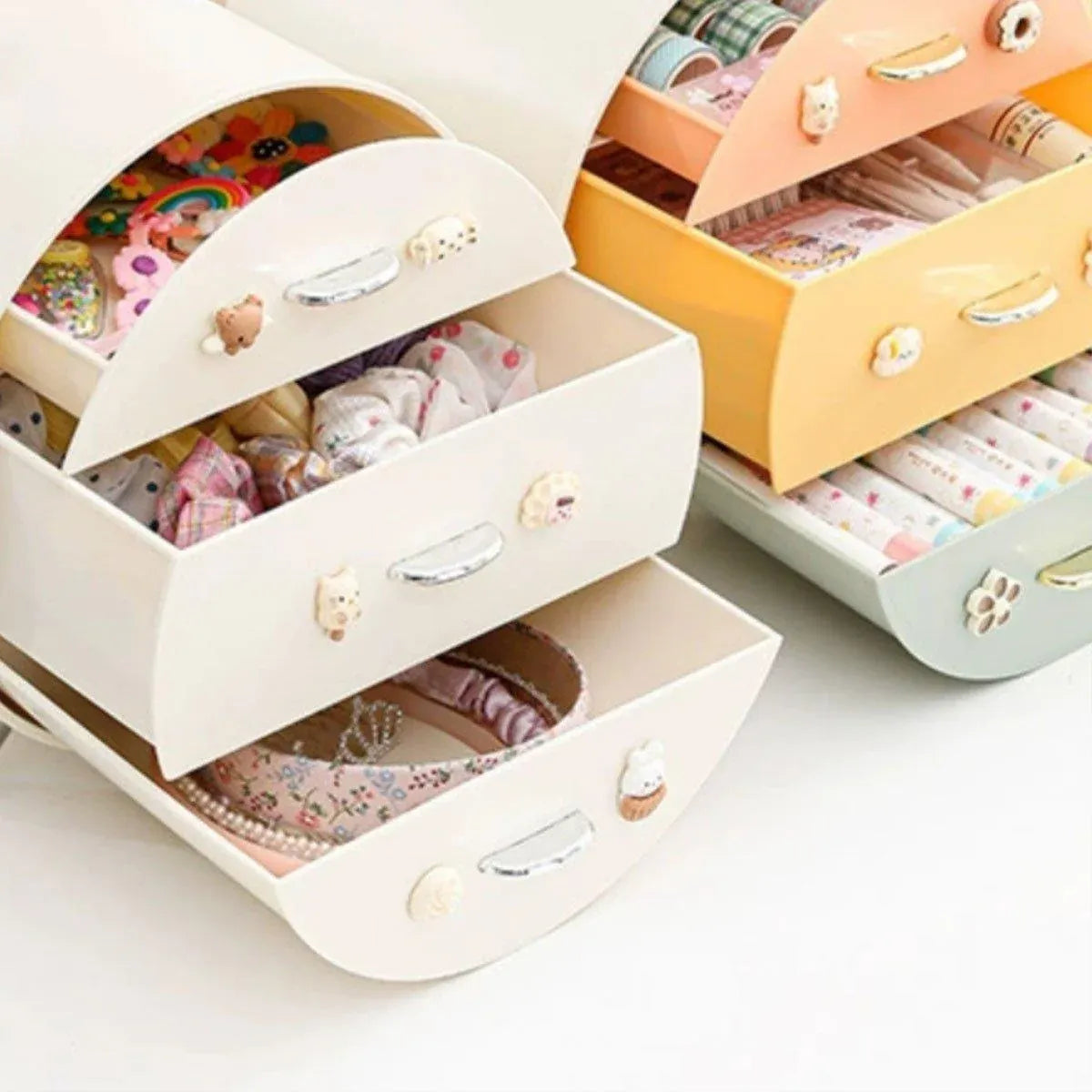 Large Multi-functional Makeup Storage Organizer Rabbit Decor Drawer Cosmetic Box - White