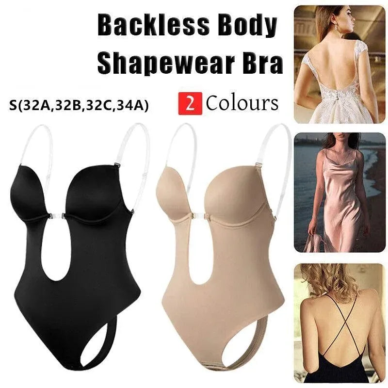 S Size Women Deep U Plunge Seamless Push Up Bra Thong Backless Bodysuit - Skin