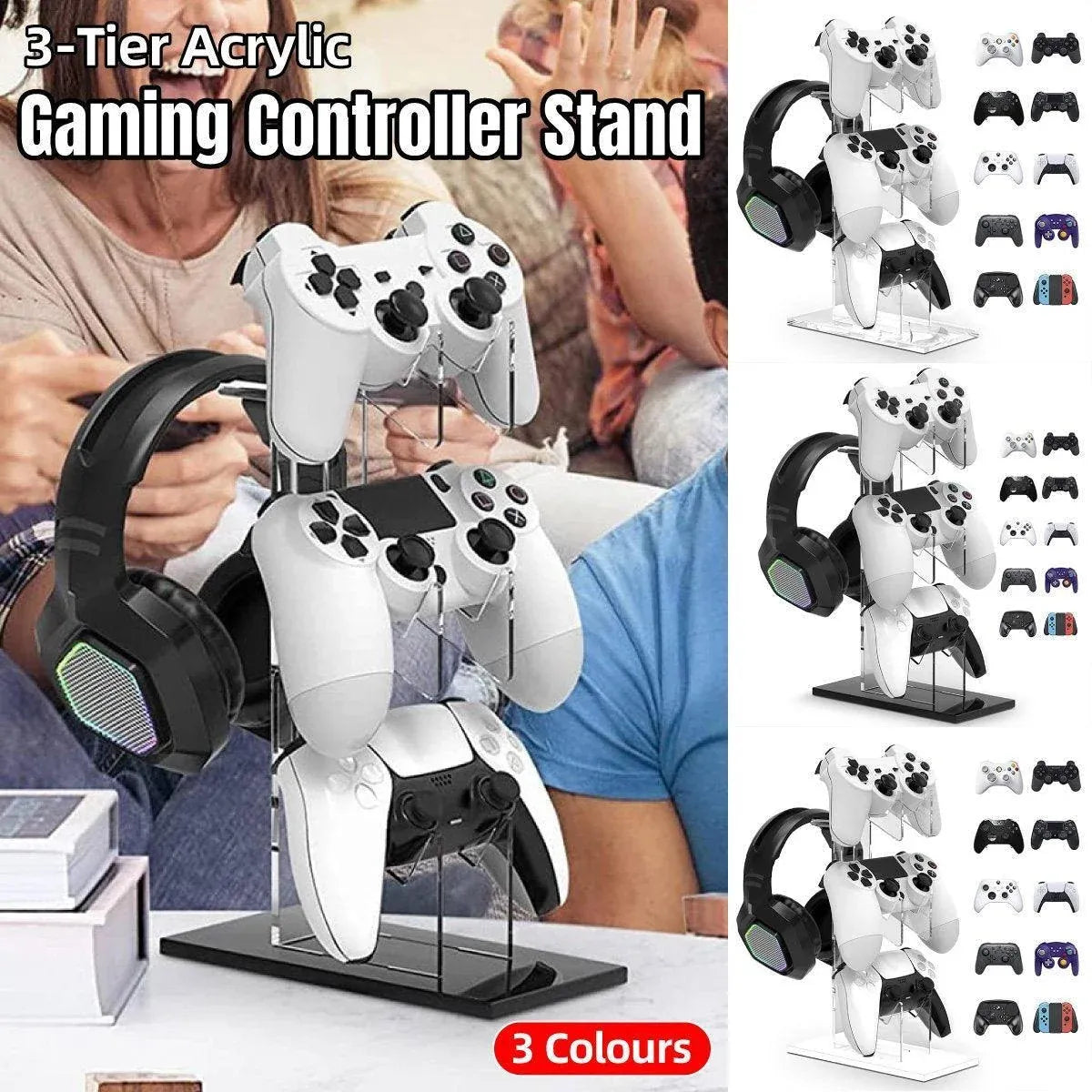 3 Tier Gamepad and Headset Display Stand for Gaming Accessories Organization - Black