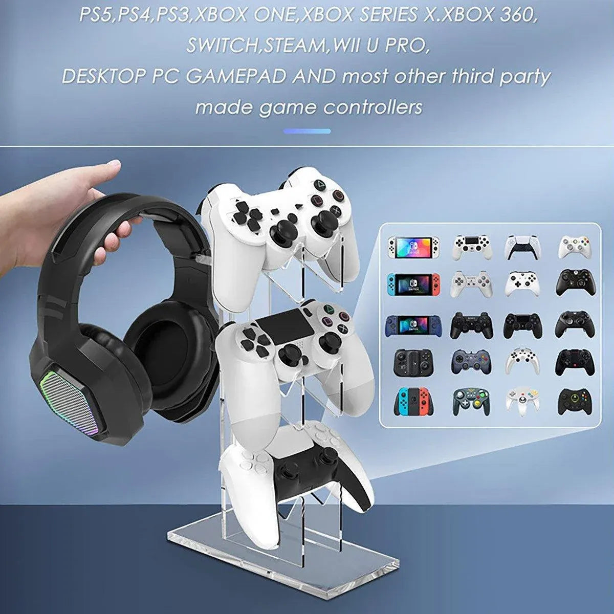 3 Tier Gamepad and Headset Display Stand for Gaming Accessories Organization - Black
