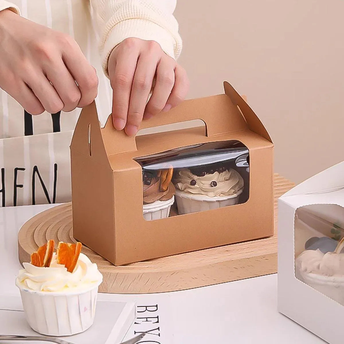 25pcs Portable Cupcake Packaging Box with Transparent Window for Easy Opening - Marble-6Cup