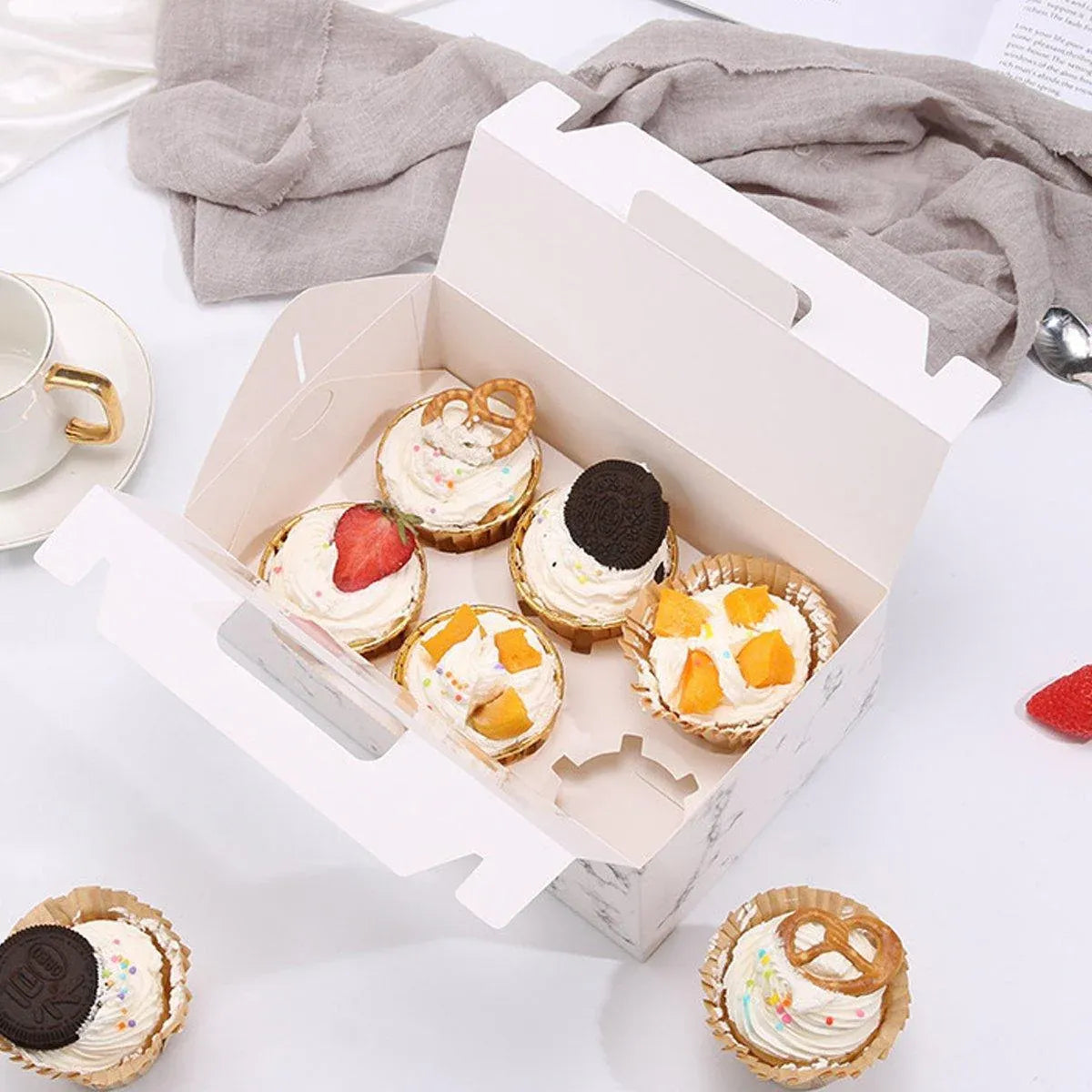 25pcs Portable Cupcake Packaging Box with Transparent Window for Easy Opening - Marble-6Cup
