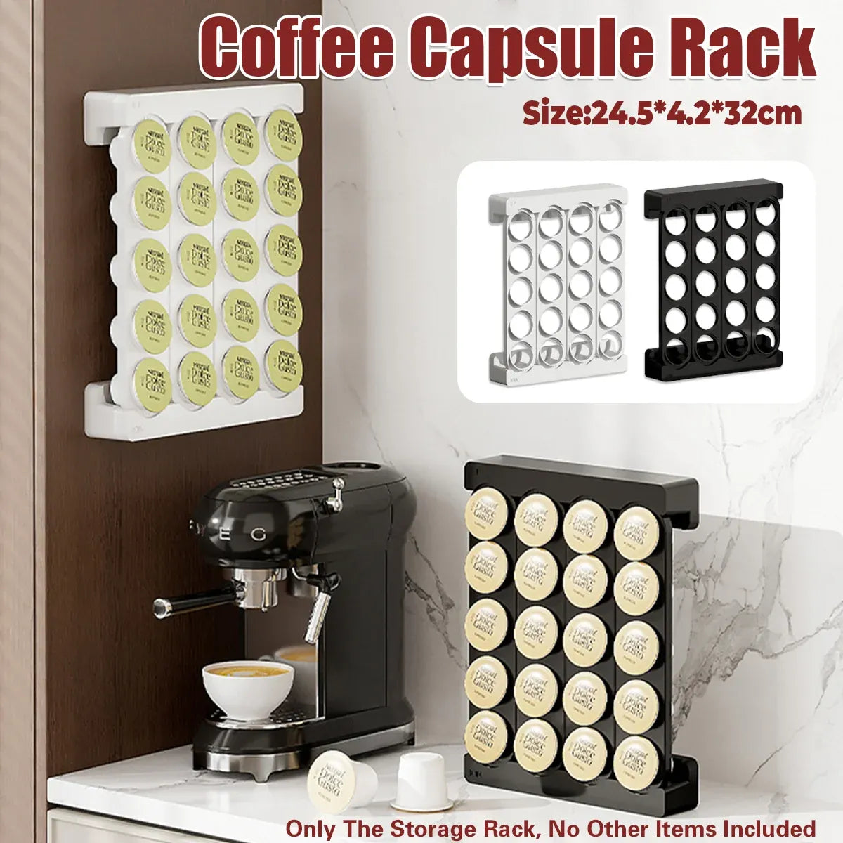 Wall Mounted Coffee Capsule Storage Rack SpaceSaving for Kitchen Cafe Countertop - White