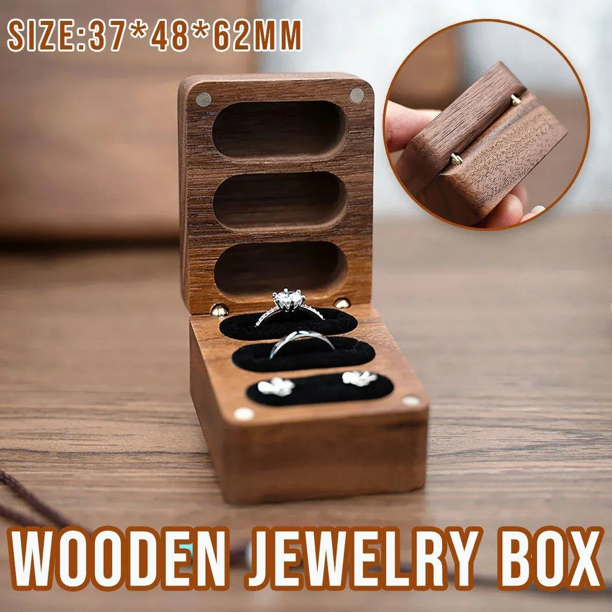 Wooden Ring Jewellery Box High Storage Box with Three Compartments for Rings