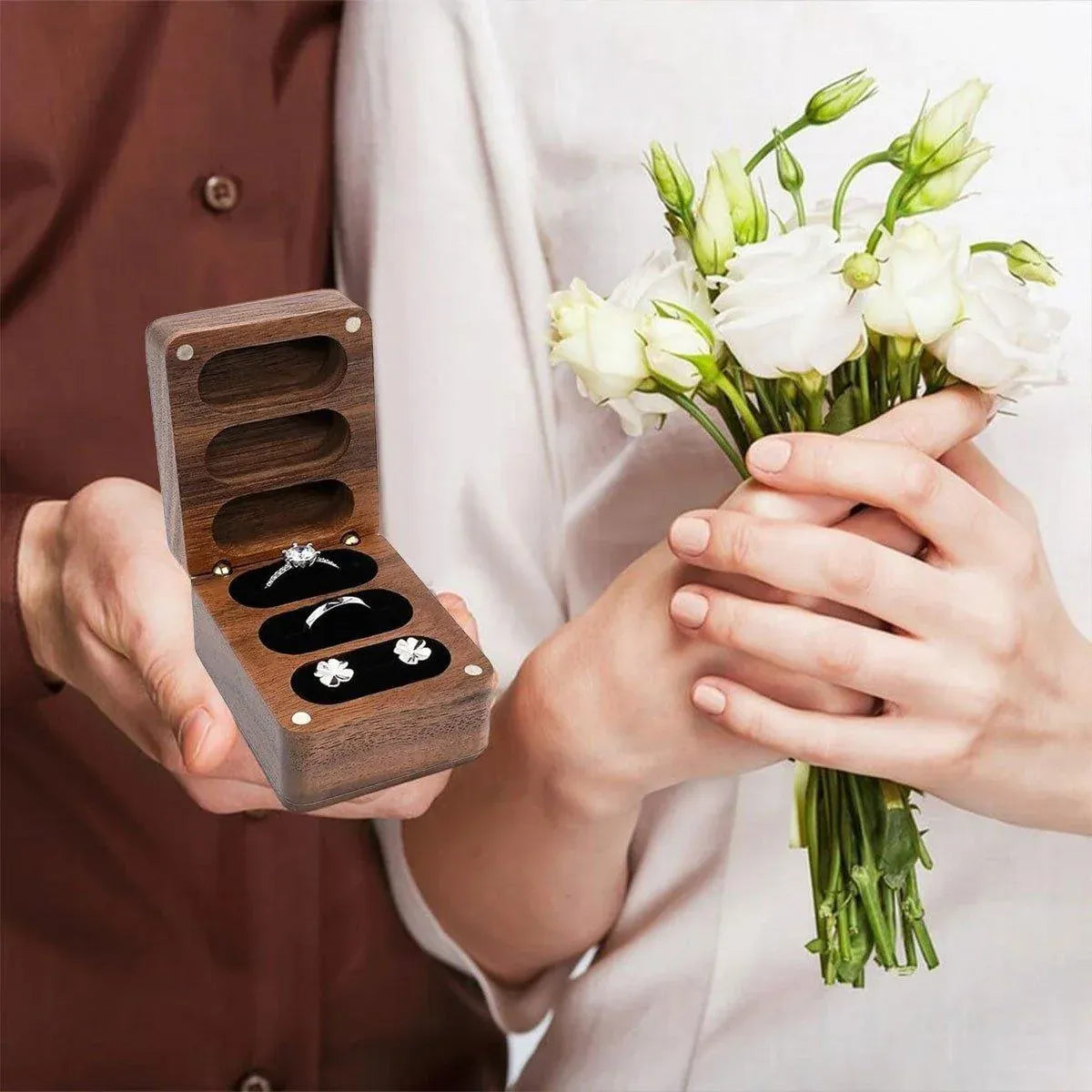 Wooden Ring Jewellery Box High Storage Box with Three Compartments for Rings