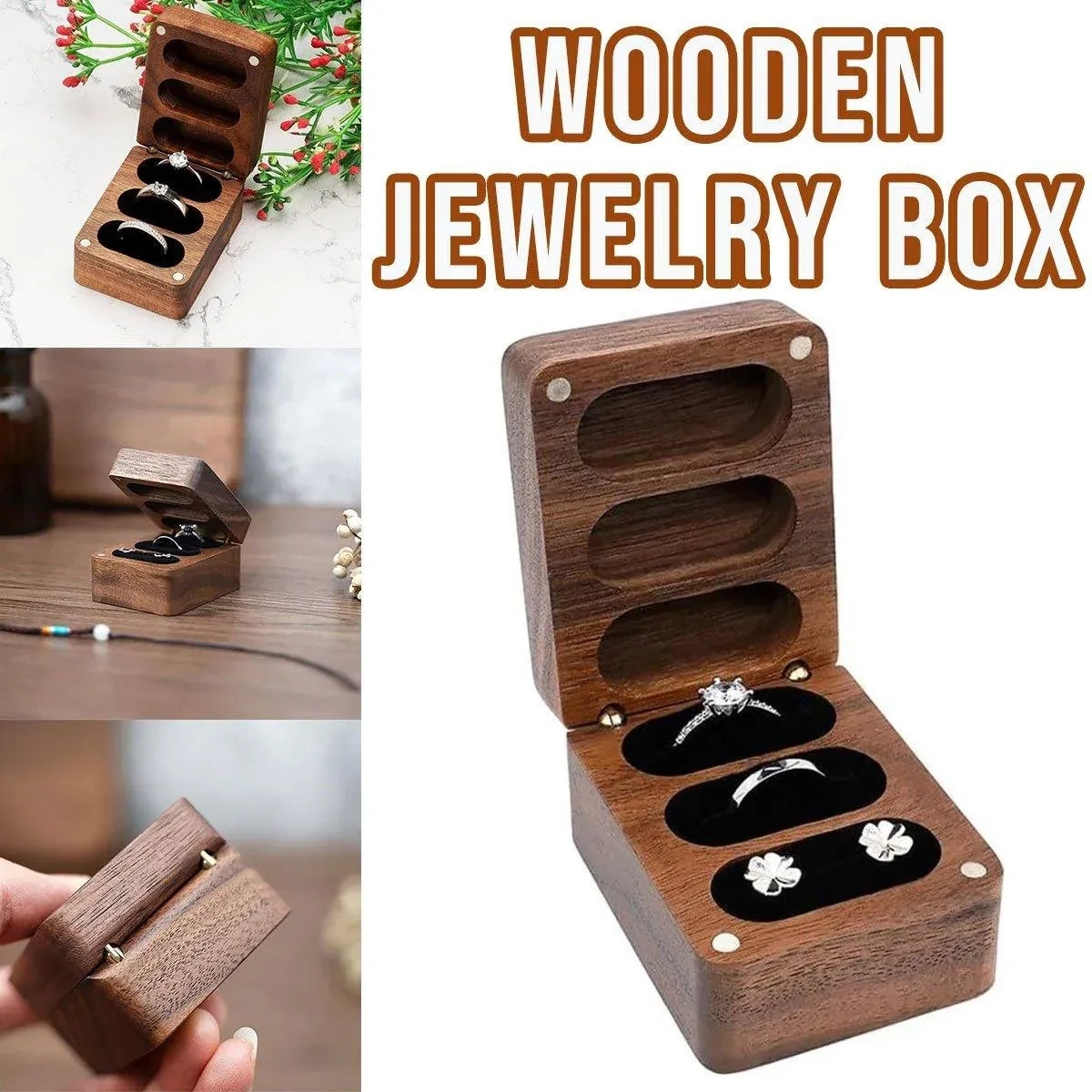 Wooden Ring Jewellery Box High Storage Box with Three Compartments for Rings