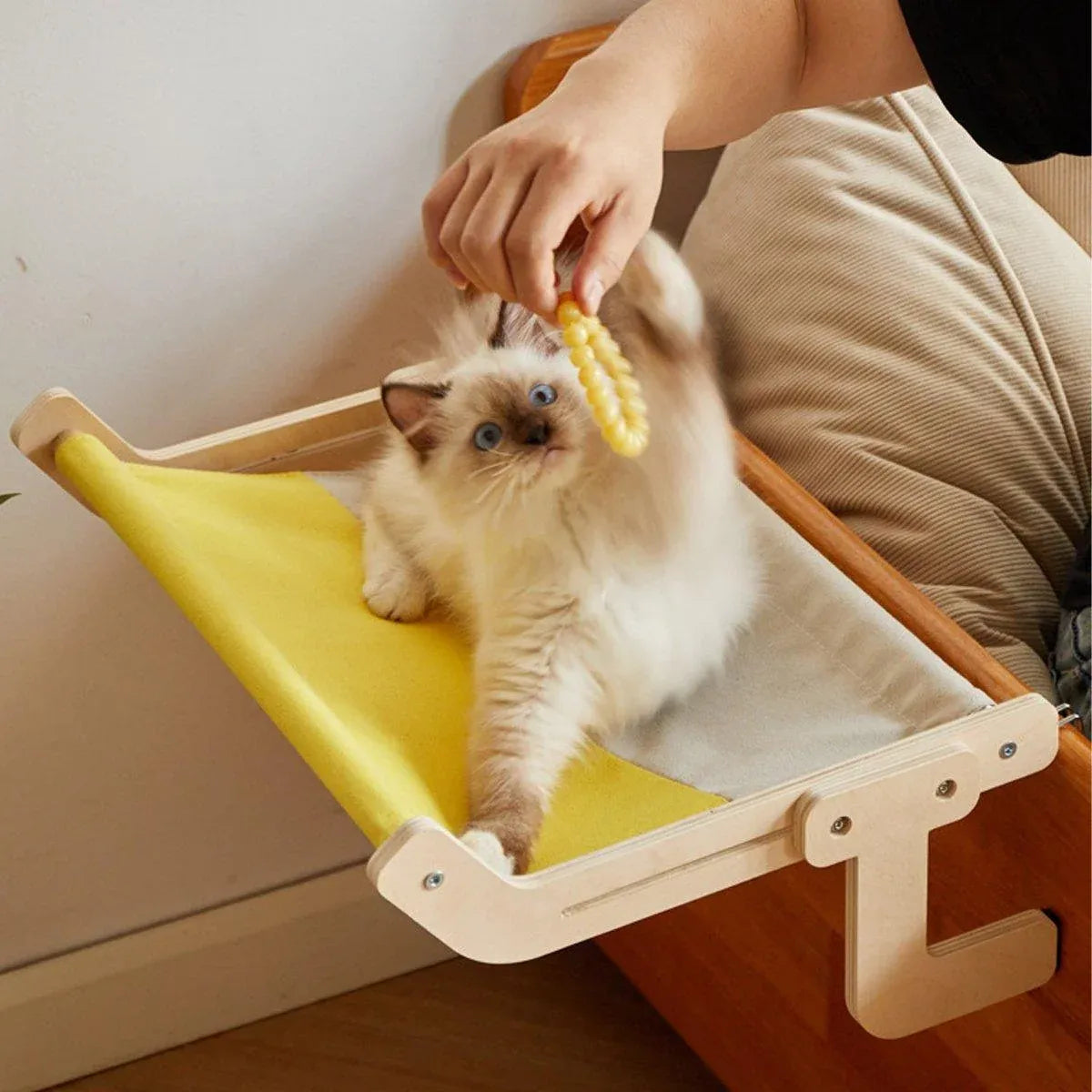 Window Hanging Cat Hammock Solid Wood Sun Bed Nest for All Seasons Durable - Grey+Pink
