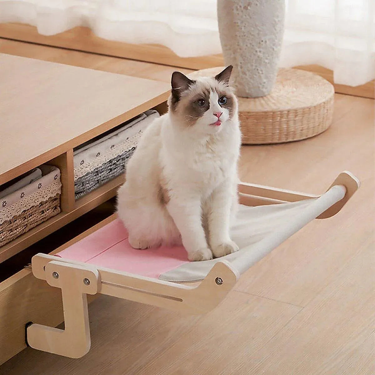 Window Hanging Cat Hammock Solid Wood Sun Bed Nest for All Seasons Durable - Grey+Yellow