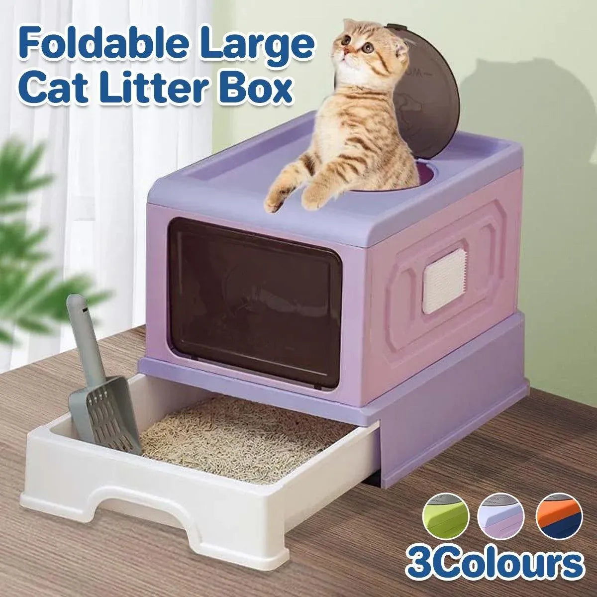 Folding Enclosed Cat Litter Box Foldable Drawer Toilet Anti-Splash Pet Supplies - Purple