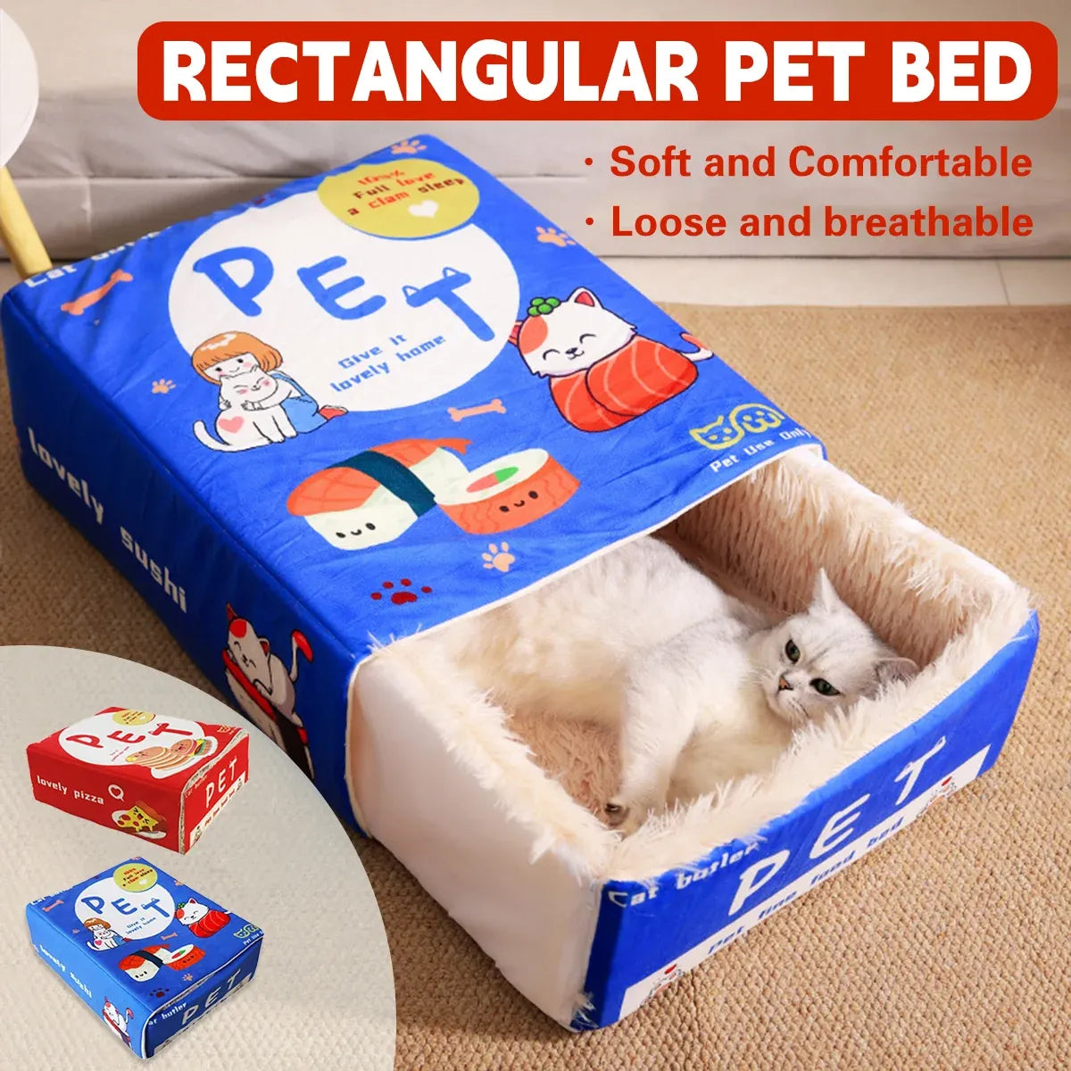 Rectangular Cookie Box Pet Bed for Cats Dogs Cat Bed Kitten Puppy Soft Pet House - Blue M