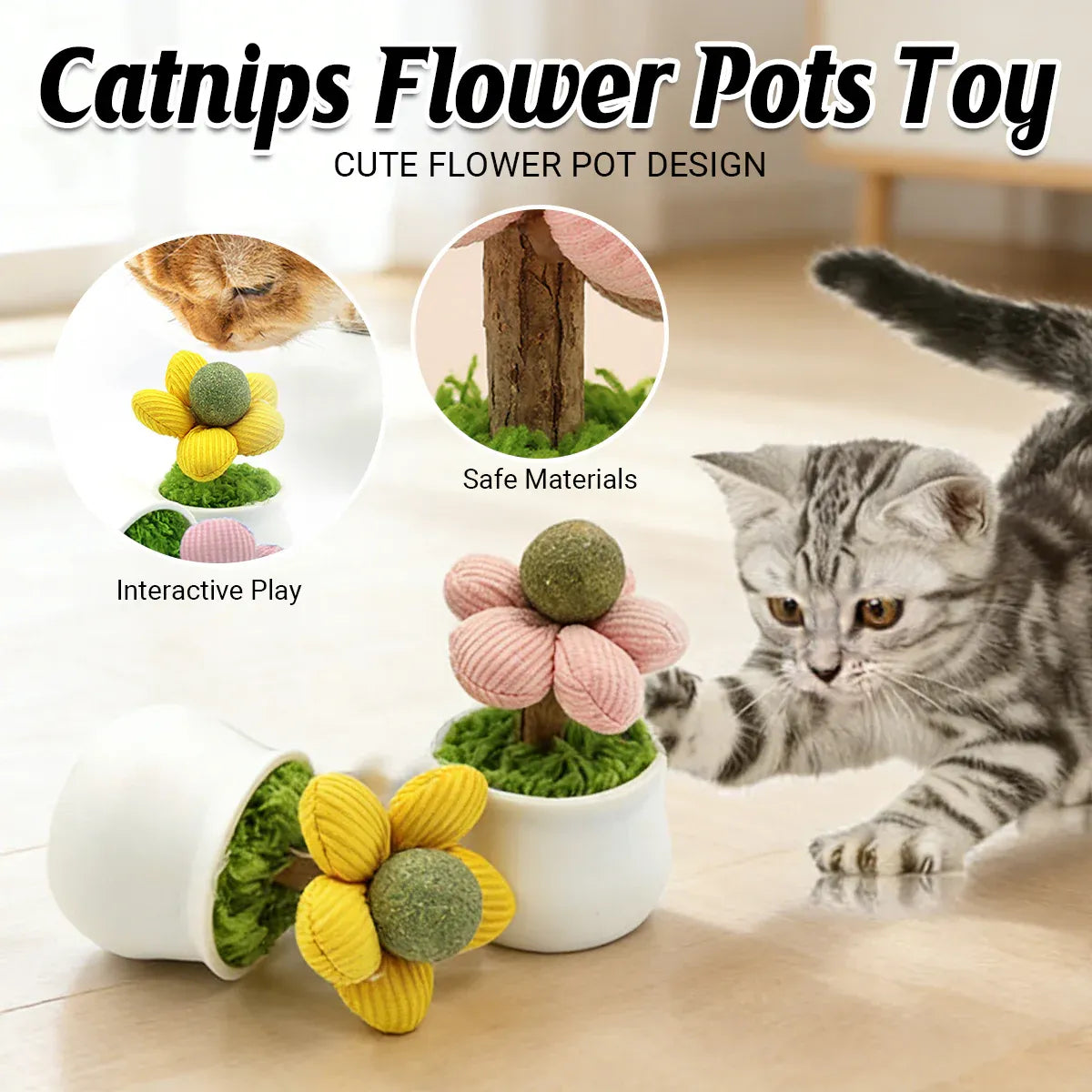 Catnip Ball Cat Chew Toy Cute Flower Pot Shaped Interactive Play Teeth Cleaning - Pink