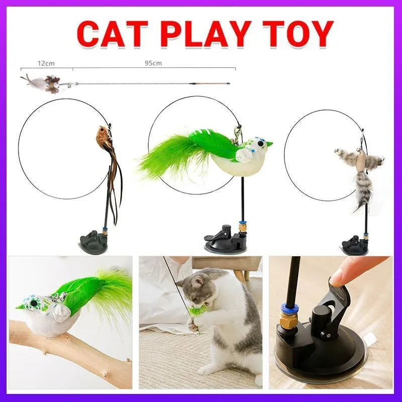 Cat Play Toy Simulation Birds Teaser Wand Interactive Stick with Suction Cup - 2