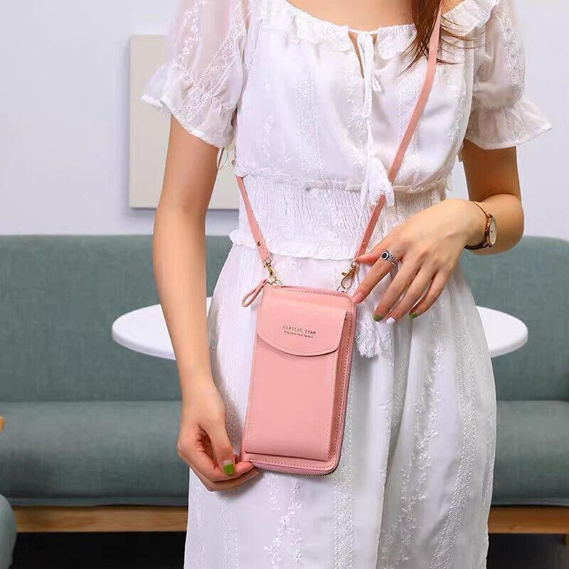 Women Pouch Bag Mobile Phone Bag Pu Leather Crossbody Purse Wallet Shoulder Bag - Pink
