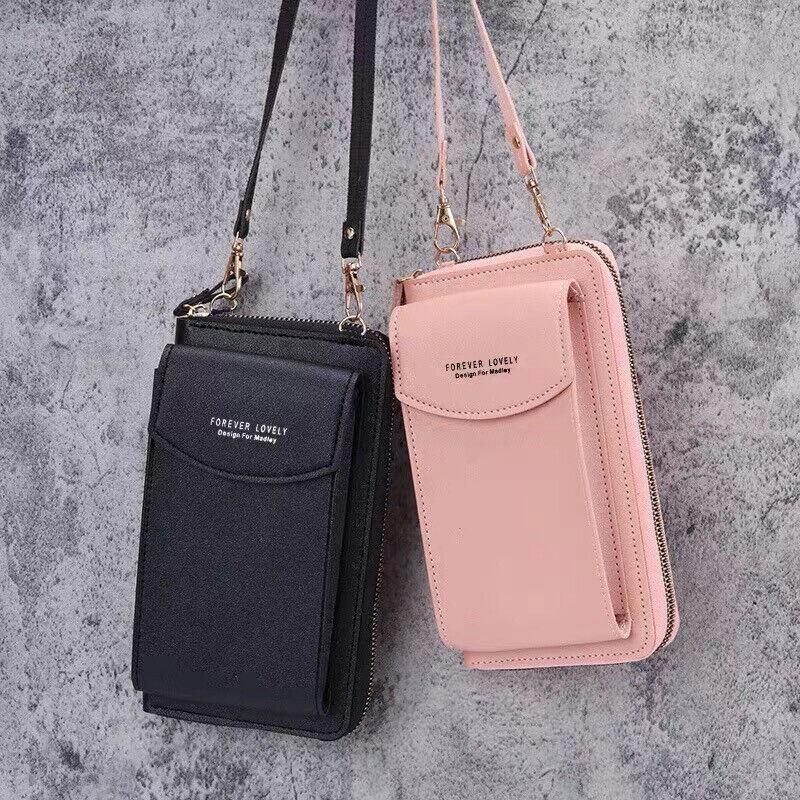 Women Pouch Bag Mobile Phone Bag Pu Leather Crossbody Purse Wallet Shoulder Bag - Pink