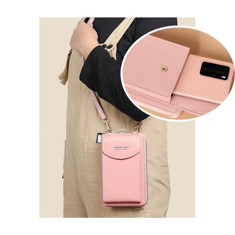 Women Pouch Bag Mobile Phone Bag Pu Leather Crossbody Purse Wallet Shoulder Bag - Pink