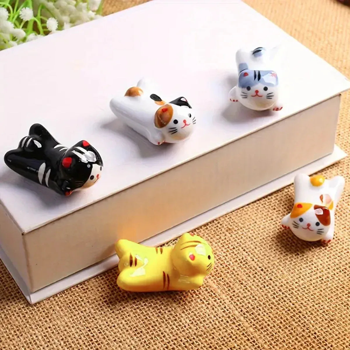 5PCS Cute Kitten Ceramic Chopstick Holder Set Cat Chopsticks Rack Pen Rest Craft