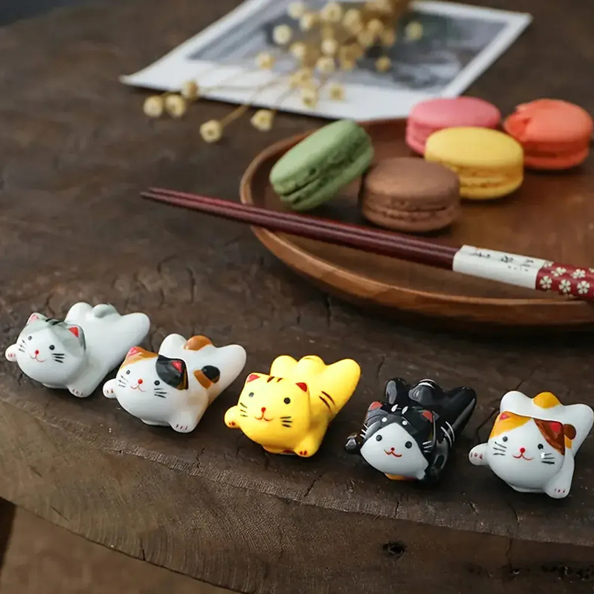 5PCS Cute Kitten Ceramic Chopstick Holder Set Cat Chopsticks Rack Pen Rest Craft