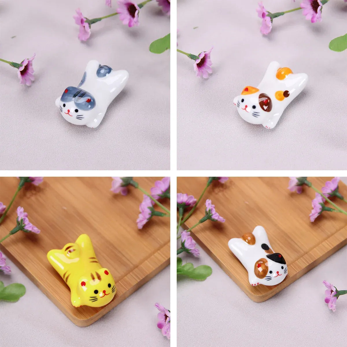 5PCS Cute Kitten Ceramic Chopstick Holder Set Cat Chopsticks Rack Pen Rest Craft