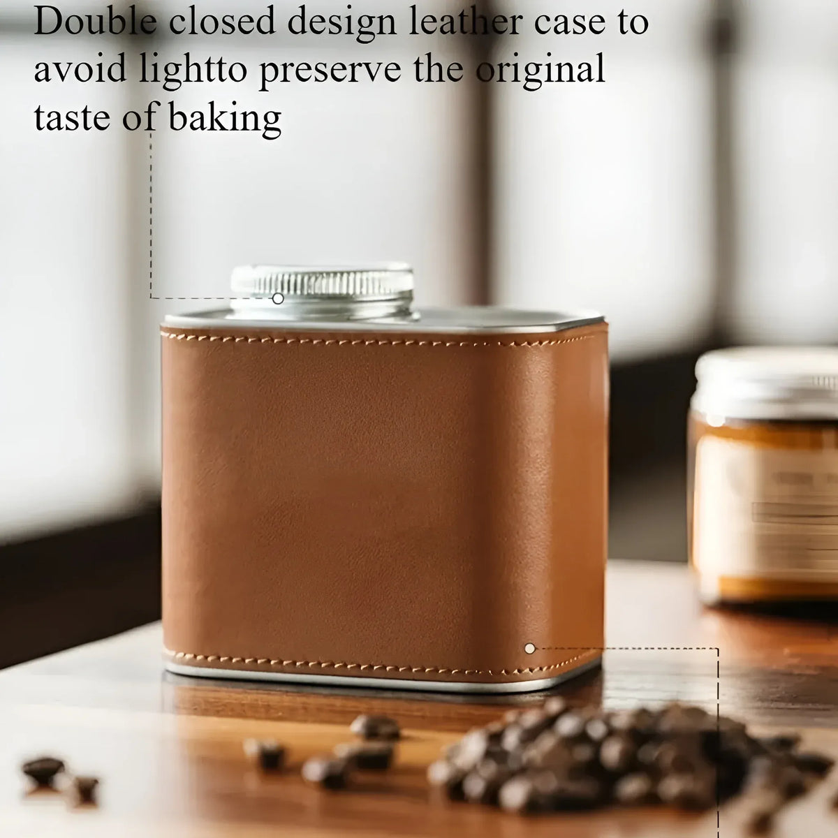 Airtight Coffee Canister Storage Jar Pour Valve Leather 9.6 x 7 x 9.3cm - Brown