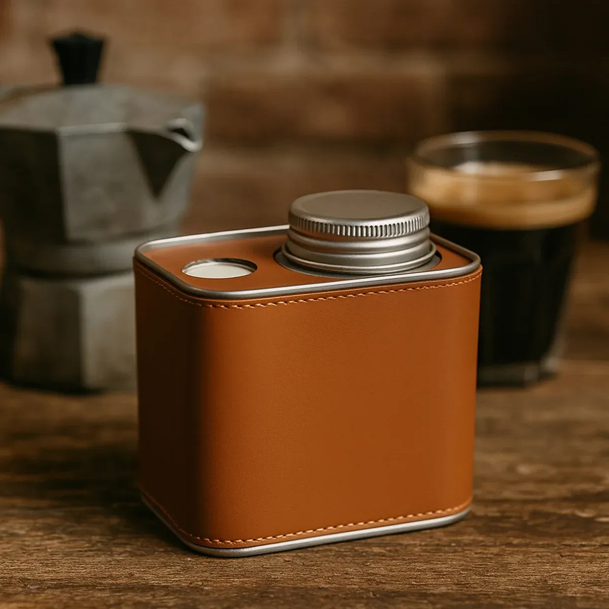 Airtight Coffee Canister Storage Jar Pour Valve Leather 9.6 x 7 x 9.3cm - Brown
