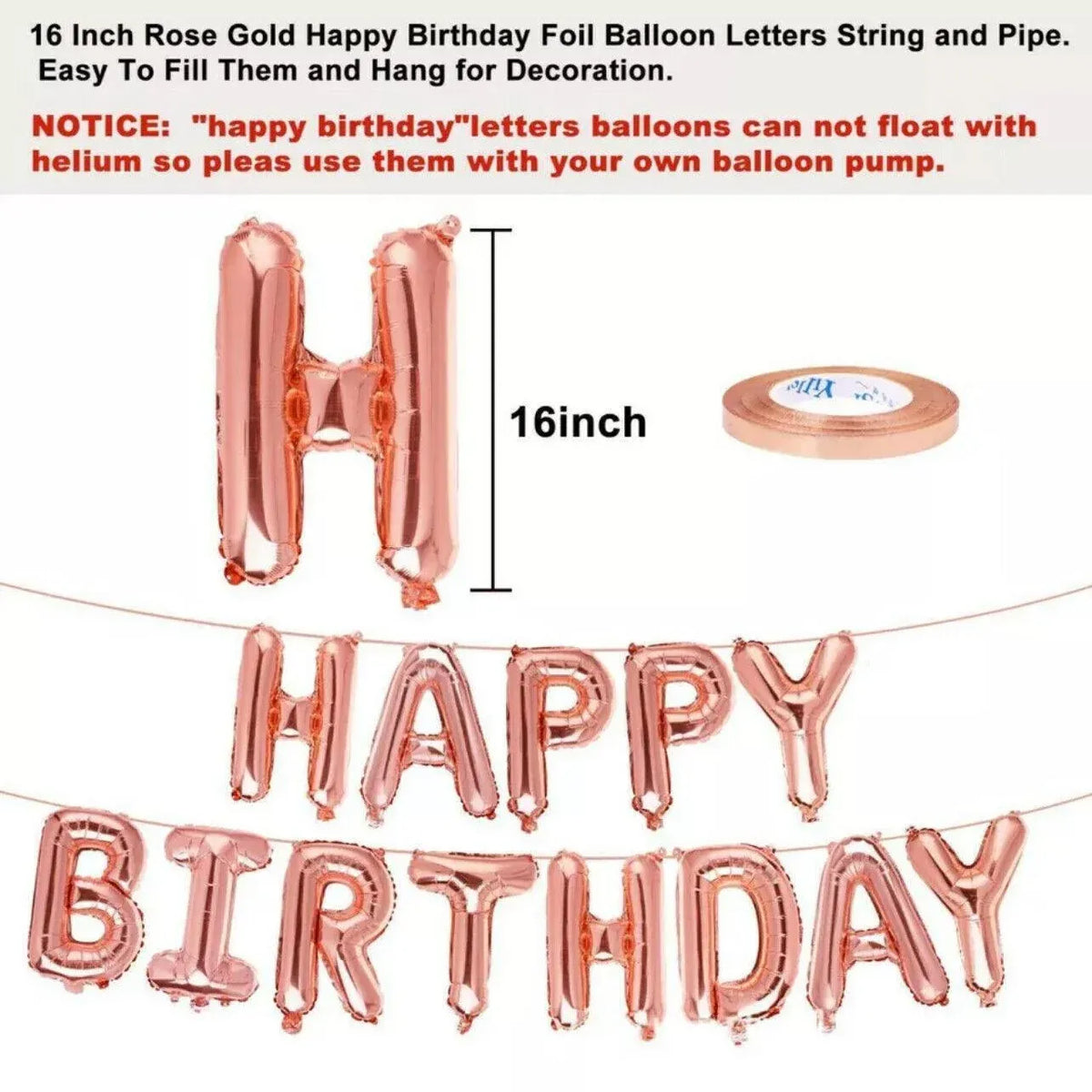 40Cm 3D Happy Birthday Letters Balloons Inflating Foil Banner Bunting Celebrate - Rose Gold
