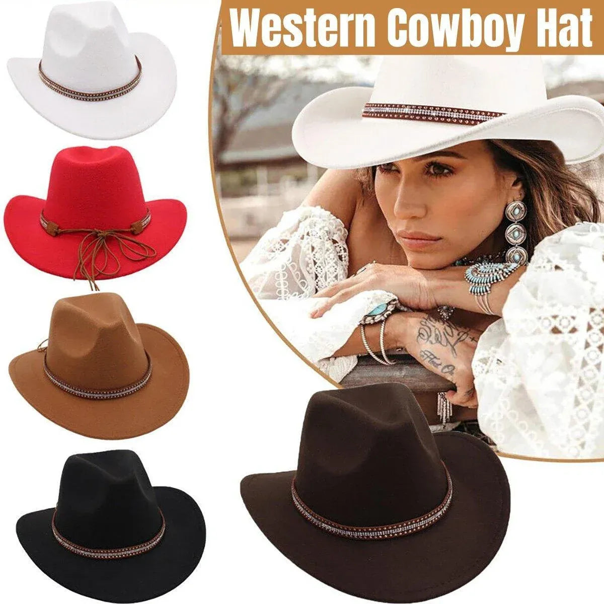 Western Cowboy Hat American Wool Felt Jazz Hat for Men Women Upside Down Top Hat - Khaki