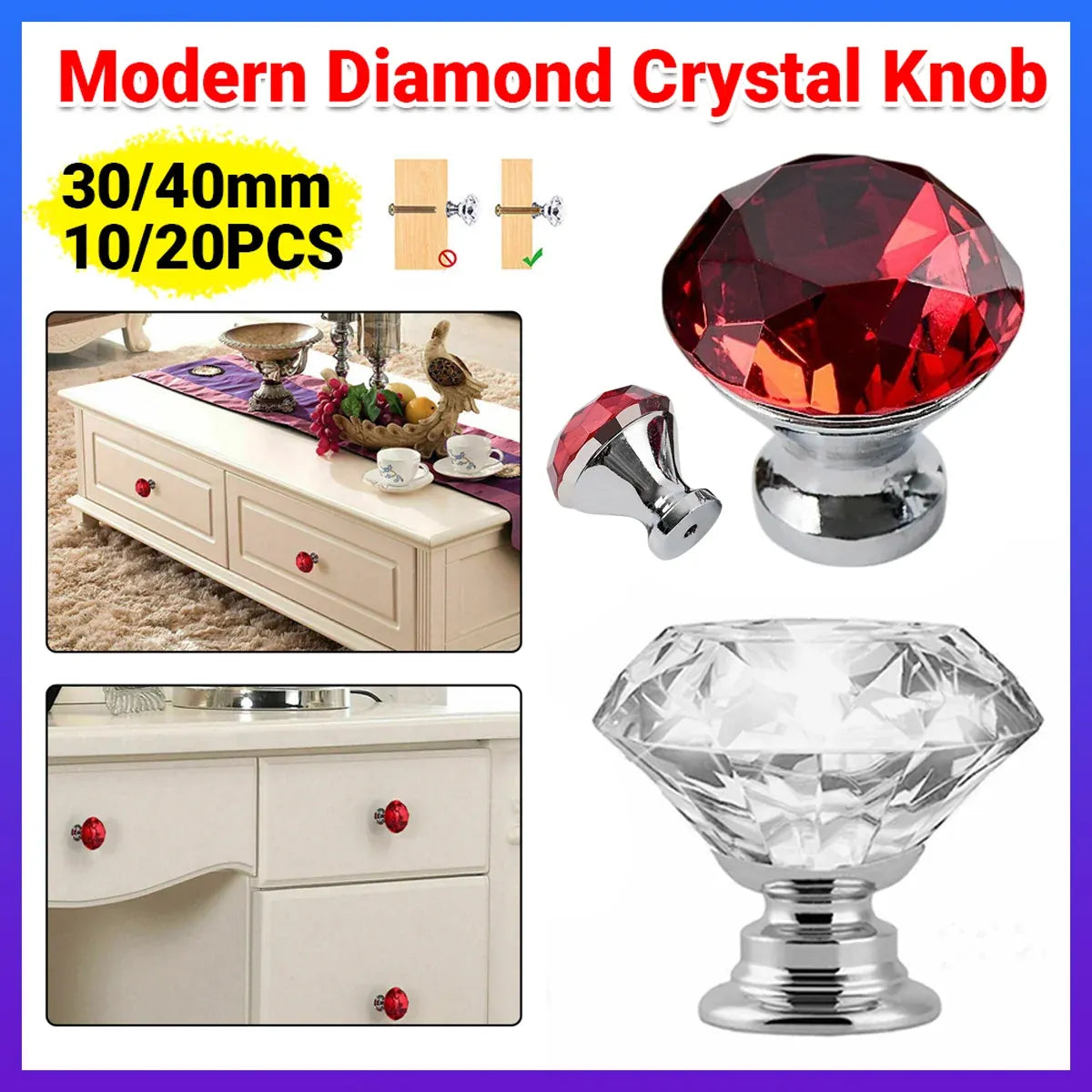 Door Knobs Handles Clear Crystal Diamond Glass Kitchen Cupboard Cabinet Pulls Au
