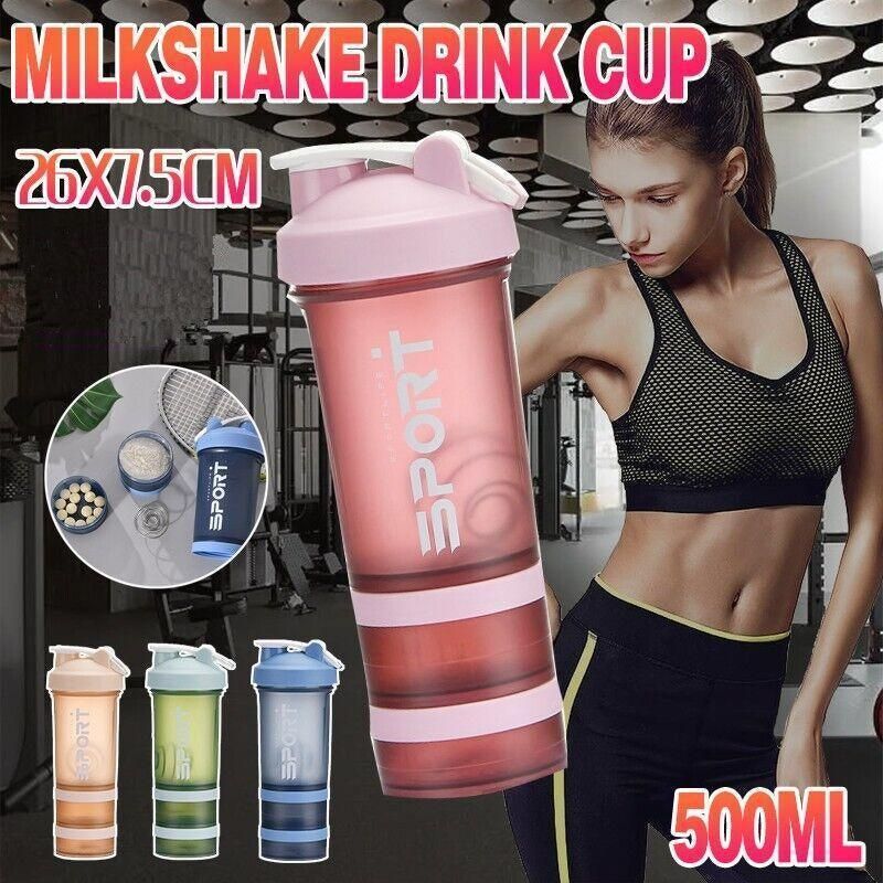 Powder Milkshake Drink Cup Sport Water Bottle 500Ml 3 Tier Protein Shaker Pill - Green