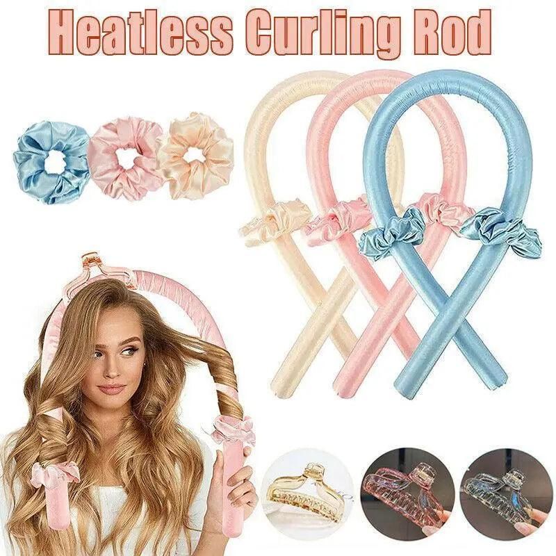 Heatless Curling Rod Headband Silk Curling Ribbon Hair Roller Lazy Curler Sets - 3Pcs/Set A (Beige，No Clip)
