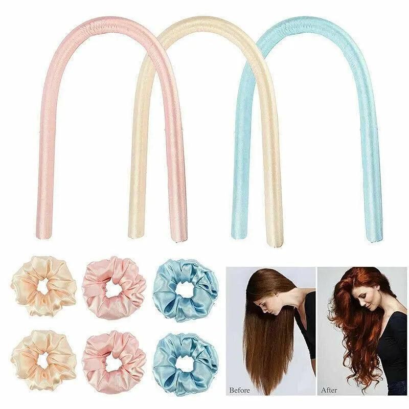 Heatless Curling Rod Headband Silk Curling Ribbon Hair Roller Lazy Curler Sets - 3Pcs/Set A (Beige，No Clip)